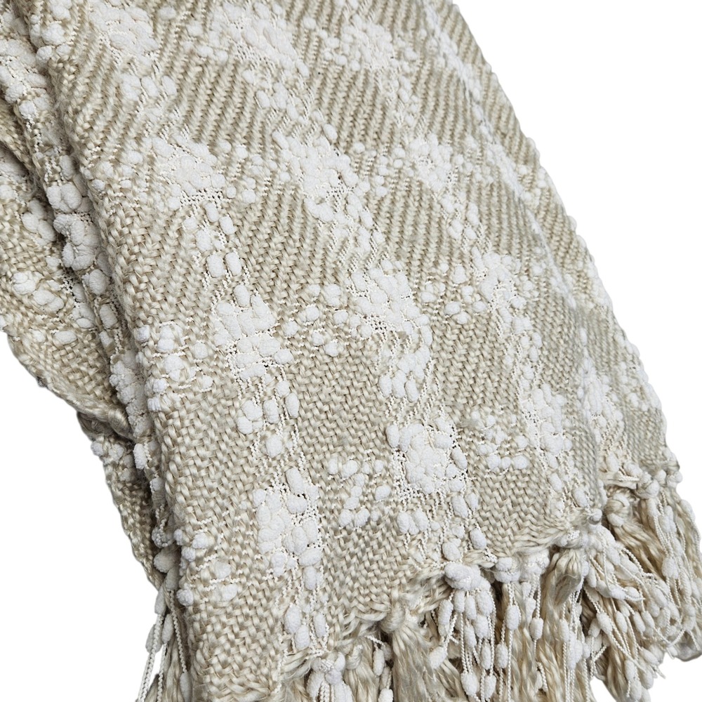 Pier 1 Imports Textured Chunky Knit Throw Blanket Beige White Fringe Cozy Beachy - Picture 2 of 5